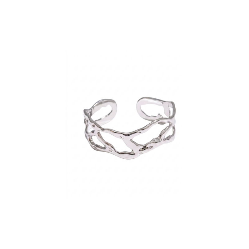 BRANSOLETKA CUFF ORGANIC LIQUID SREBRNA- STATEMENT PIECES MODNA BIŻUTERIA ZE STALI SZTYWNA PÓŁOTWARTA BARNSOLETA