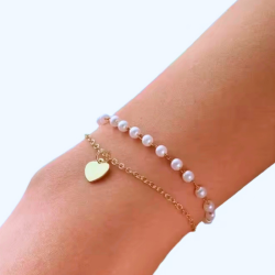 BRANSOLETKA PODWÓJNA Z PERŁAMI I ZAWIESZKĄ SERCE- REBEL QUEEN