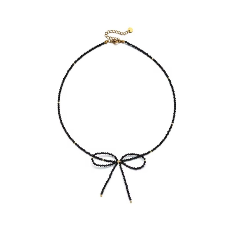 CHOKER Z CZARNYCH TURMALINOWYCH KORALIKÓW I ELEMNTÓW ZE STALI SZLACHETNEJ- NOIR BOW