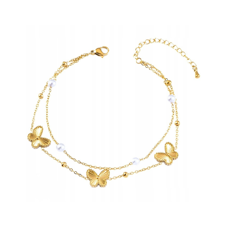 BRANSOLETKA PODWÓJNA NA KOSTKĘ Z PERŁAMI I GRAWEROWANYMI MOTYLAMI- REBEL QUEEN