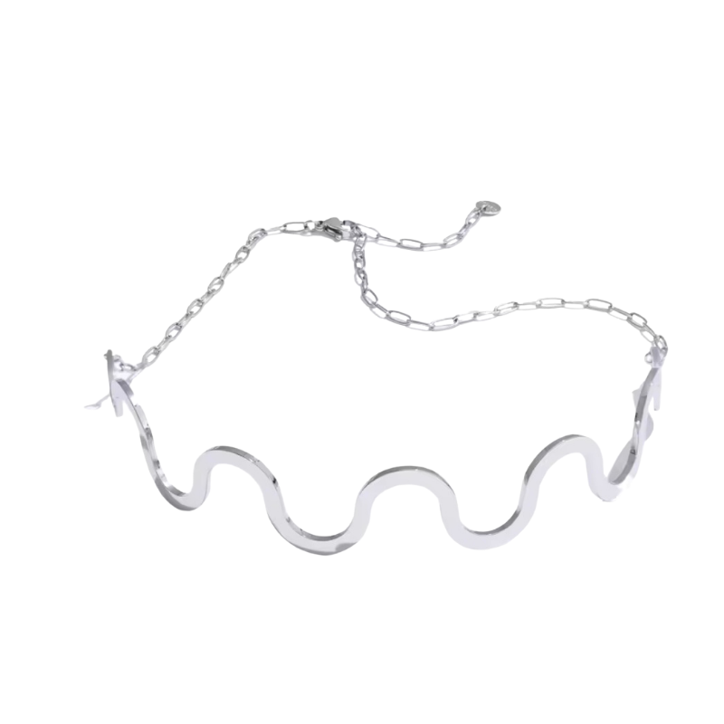 CHOKER MIRROR WAVE SREBRNY- REBEL QUEEN NASZYJNIK DAMSKI W KSZTAŁCIE FALI KRÓTKI SZTYWNY REGULOWANY Z ZAPIĘCIEM STAL BIŻUTERIA