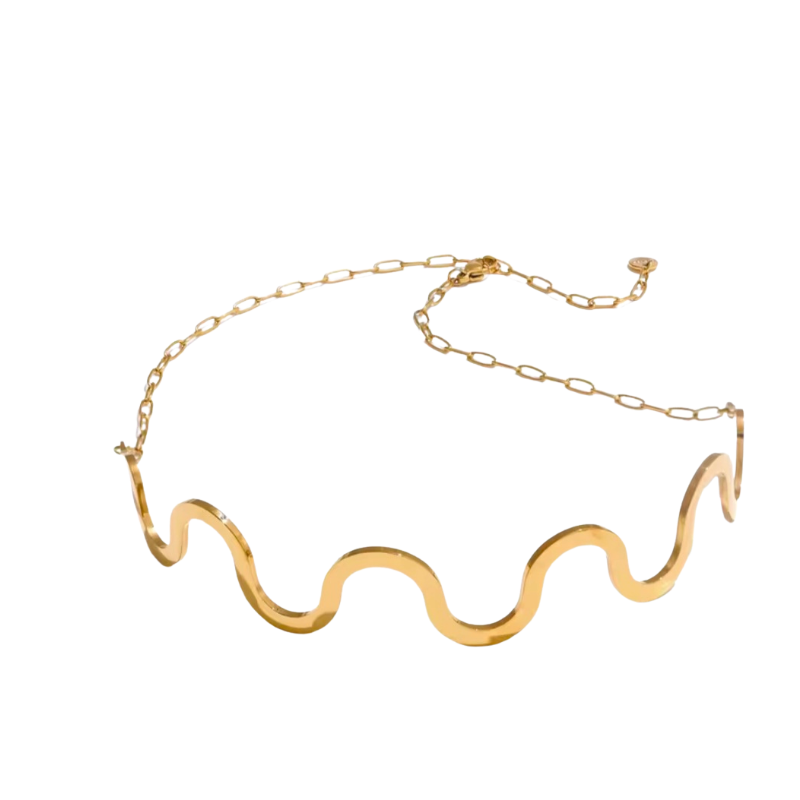 CHOKER MIRROR WAVE ZŁOTY- REBEL QUEEN NASZYJNIK DAMSKI W KSZTAŁCIE FALI KRÓTKI SZTYWNY REGULOWANY Z ZAPIĘCIEM STAL BIŻUTERIA