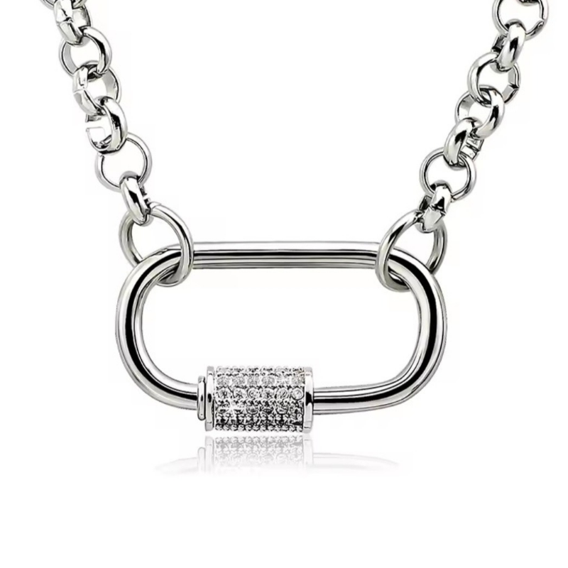 CHOKER CHUNKY CARABINER SHACKLE Z CYRKONIAMI- REBEL QUEEN NASZYJNIK ŁAŃCUCH SREBRNY KRÓTKI STAL NA CODZIEŃ NA IMPREZĘ BIŻUTERIA