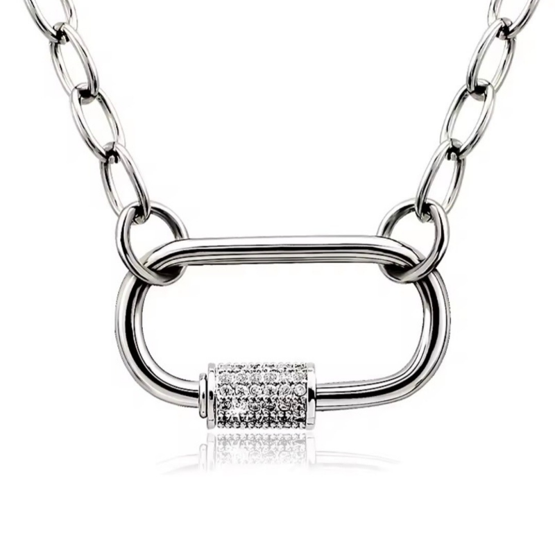 CHOKER CHUNKY CARABINER SHACKLE Z CYRKONIAMI- REBEL QUEEN NASZYJNIK SREBRNY KRÓTKI STAL NA CODZIEŃ NA IMPREZĘ BIŻUTERIA ŁAŃCUCH